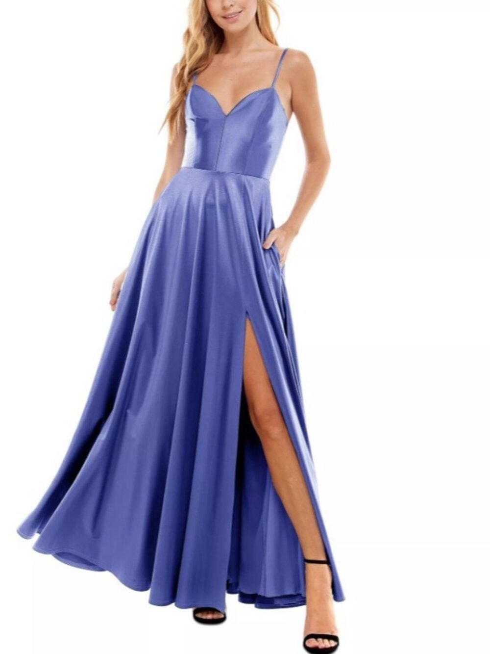 City Studios Juniors' Side-Slit Satin Gown with Pockets Periwinkle 7